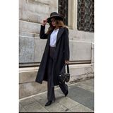 Kadın Premium Kaşe Kemerli Düğmesiz Çift Cepli Uzun Boy Regular Fit Bornoz Kaban - Siyah