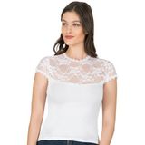 Kadın Premium Yumuşak Rahat Kumaş Viskon Dantel Detaylı Kısa Kollu Örme Bluz - Beyaz - XL