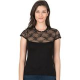 Kadın Premium Yumuşak Rahat Kumaş Viskon Dantel Detaylı Kısa Kollu Örme Bluz - Siyah - 2XL