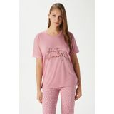 Kadın Pretty Woman Viskon Bisiklet Yaka Kısa Kol Pembe Alt Üst Pijama Takımı - XL
