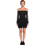 Kadın Puantiyeli Tül Bodycon Mini Elbise Carmen Yaka Uzun Kollu Drapeli Şık Gece Davetleri İçin-Siyah-34