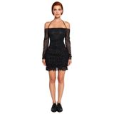 Kadın Puantiyeli Tül Bodycon Mini Elbise Carmen Yaka Uzun Kollu Drapeli Şık Gece Davetleri İçin-Siyah-36