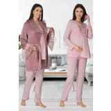 Kadın Pudra Kadife Sabahlıklı Hamile Lohusa Pijama Takımı (Pudra/XL)