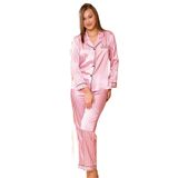 Kadın Pudra Pembe Saten Çizgili Önden Düğmeli Pijama Takımı, XL, LD15070-198IGP100480
