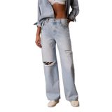 Kadın Rahat Kalıp Geniş Paçalı Vintage Yırtık Denim Mavi Jeans LV047F737G-SKA