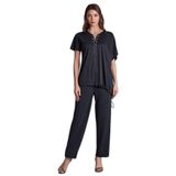 Kadın Rahat Kalıp İp Bağlamalı V Yaka Beli Büzgülü Kısa Kollu Siyah Bluz 25081-BLOUSE-010