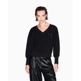 Kadın Rahat Kalıp V Yaka AX Logo Kabartmalı Uzun Kollu Siyah Sweatshirt XW000972 AF16111-UC001