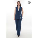 Kadın Rahat Kesim Astarlı Kolsuz Blazer Ceket Pantolon Takım Elbise - Indigo Mavi