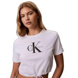 Kadın Rahat Kesim Esnek Pamuklu Örme KumaşCK Logo Detaylı Kısa Kollu Crop Beyaz T-Shirt LV047G288G-YAF