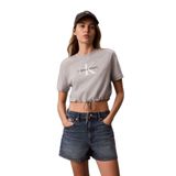 Kadın Rahat Kesim Esnek Pamuklu Örme KumaşCK Logo Detaylı Kısa Kollu Crop Gri T-Shirt LV047G288G-P79