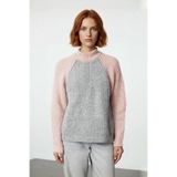 Kadın Reglan Kollu Renk Bloklu Fermuar Detaylı Dik Yaka Oversize Triko Kazak Günlük Tarz. Kaliteli -Pembe-S
