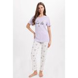 Kadın Regular Fit Klasik Kesim %100 Pamuk Bisiklet Yaka Kısa Kollu Baskılı Lila Pijama Takımı
