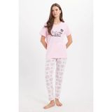 Kadın Regular Fit Klasik Kesim %100 Pamuk Bisiklet Yaka Kısa Kollu Baskılı Pembe Pijama Takımı