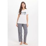 Kadın Regular Fit Klasik Kesim Pamuklu Bisiklet Yaka Kısa Kollu Baskılı Beyaz Pijama Takımı