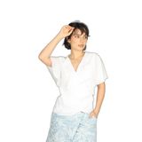 Kadın Regular Fit Pamuklu V Yaka Kısa Kollu Ekru Bluz EXP18080-EKRU