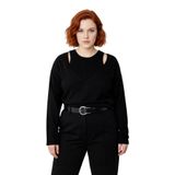 Kadın Regular Kalıp Akrilik Triko İkili Bluz Kazak Takımı V Yaka Kesimli Düz Desen Standart Kollu -Siyah-5XL
