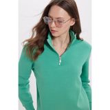Kadın Relax Fit Rahat Kesim Pamuklu İçi Polarlı Yarım Fermuarlı Yeşil Dik Yaka Sweatshirt