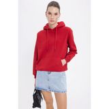 Kadın Relax Fit Rahat Kesim Pamuklu Kapüşonlu Kanguru Cepli Kırmızı Sweatshirt
