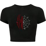 Kadın Renkli Spider Kristal Taş Baskılı Crop T-Shirt Siyah