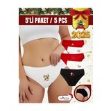 Kadın Renkli Yeni Yıl Baskılı, Kırmızı Slip Külot, Yılbaşı Temalı Pamuklu Iç Çamaşırı - 5'li Paket