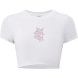 Kadın Renkli Yıldız Kristal Taş Baskılı Crop T-Shirt Beyaz - M