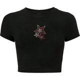 Kadın Renkli Yıldız Kristal Taş Baskılı Crop T-Shirt Siyah - M