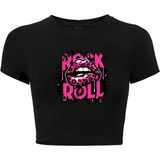Kadın Rock'n Roll Lips Crop T-Shirt Siyah - M
