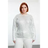 Kadın Saç Örgü Varak Detaylı Crop Triko Kazak Bisiklet Yaka Uzun Kollu Şık ve Modern Kombinler -Gümüş-3XL