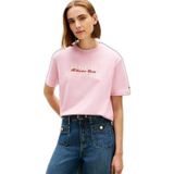 Kadın Saf Pamuklu Kalın Kumaş Kadife Logo Baskılı Kısa Kollu Pembe T-Shirt WW0WW47884-TPG