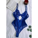 Kadın Saks Mavi Transparan Dantel Body İç Giyim Şık Teddy Gecelik