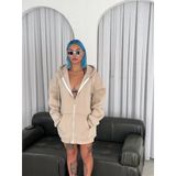Kadın Salaş Stil Bej Oversize Tam Fermuarlı Uzun Kol Hırka
