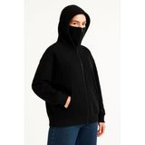 Kadın Samuray Ninja Çift Kapüşonlu Maske Detaylı 3 İplik Hoodie - Siyah