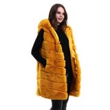 Kadın Sarı Kapüşonlu Peluş Kürk Premium Kalite, Tam Astarlı, Uzun Model Yelek