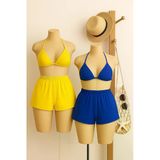 Kadın Sarı Ve Mavi Şortlu Belden Ve Boyundan Bağlamalı Bikini Takımı – Modern, Konforlu Ve Günlük Kombinlere Uygun