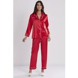 Kadın Saten Biyeli Pijama Takımı -1200 Kırmızı