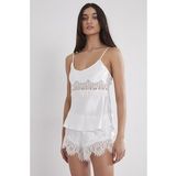 Kadın Saten Dantelli Pijama Şort Takım - 435 Ekru