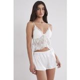 Kadın Saten Dantelli Pijama Şort Takım - 450 Ekru