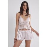 Kadın Saten Dantelli Pijama Şort Takım - 450 Pudra