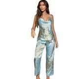 Kadın Saten İpek Görünümlü Pijama Takımı, Lüks Rahat,Model W2014 (Açık Mavi, l)
