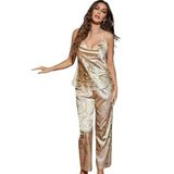 Kadın Saten İpek Görünümlü Pijama Takımı, Lüks Rahat,Model W2014 (Ten rengi, l)