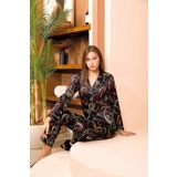 Kadın Saten Siyah Desenli Önden Düğmeli Pijama Takımı, XL, LD15078-198IGP100468