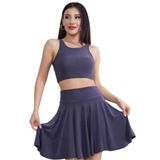 Kadın Sendy Kumaş Crop Üst ve Şortlu Mini Etek 2’li Takım, Kolsuz Bisiklet Yaka, Yüksek Bel, Günlük ve Spor Kullanım, Antrasit, M