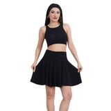 Kadın Sendy Kumaş Crop Üst ve Şortlu Mini Etek 2’li Takım, Kolsuz Bisiklet Yaka, Yüksek Bel, Günlük ve Spor Kullanım, Siyah, S