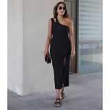 Kadın Sıfır Kol Tek Omuz Damla Detay Janjan Krep Elbise - Siyah / L-Xl