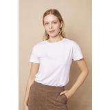 Kadın Sıfır Yaka Kırışmaz Span Karışımlı Şık Kısa Kol Likralı T-shirt Bluz-Beyaz