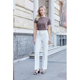 Kadın Sıfır Yaka Kırışmaz Span Karışımlı Şık Kısa Kol Likralı T-shirt Bluz-Kahve