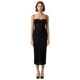 Kadın Şık Bodycon Midi Elbise İnce Askılı Kalp Yaka Dantel Detaylı Astarlı Özel Davet Elbisesi-Siyah-42