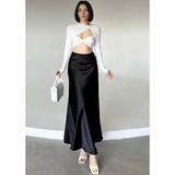 Kadın Şık Floş Viskon Saten Kemeri Lastikli Maxi Boy A Line Etek - Siyah - XL