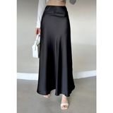 Kadın Şık Saten Kemeri Lastikli 95CM Kloş Maxi Boy Etek - Siyah - 40