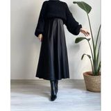 Kadın Şık Saten Kemeri Lastikli Maxi Boy A Line Etek - Siyah - XL